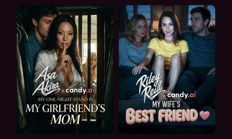 Asa Akira and Riley Reid Candy Creators series Candy AI Shorts covers for My One-Night Stand Is My Girlfriend's Mom with Asa Akira and My Wife's Best Friend with Riley Reid