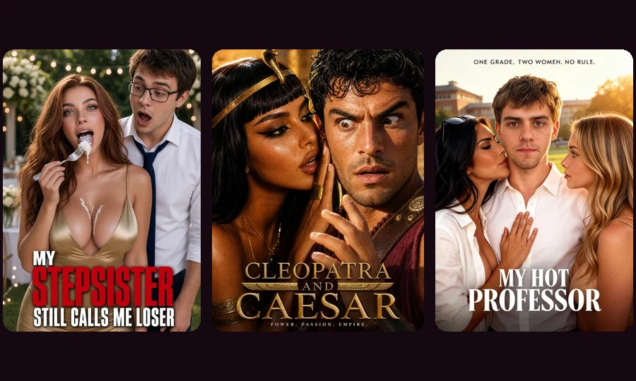 Standard five-episode Candy AI Shorts series Covers of three standard five-episode Candy AI Shorts series: My Stepsister Still Calls Me Loser, Cleopatra and Caesar, My Hot Professor