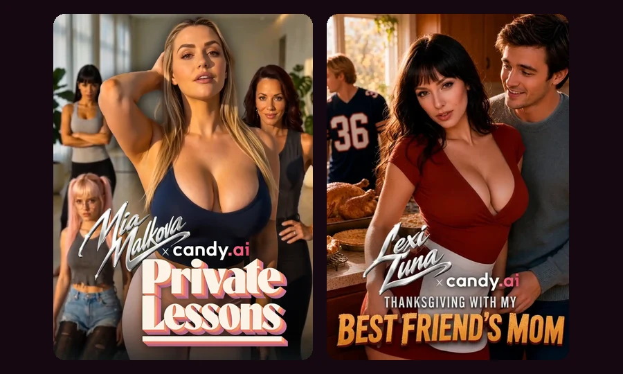 Mia Malkova and Lexi Luna Candy Creators series Candy AI Shorts covers for Private Lessons with Mia Malkova and Thanksgiving With My Best Friend's Mom with Lexi Luna